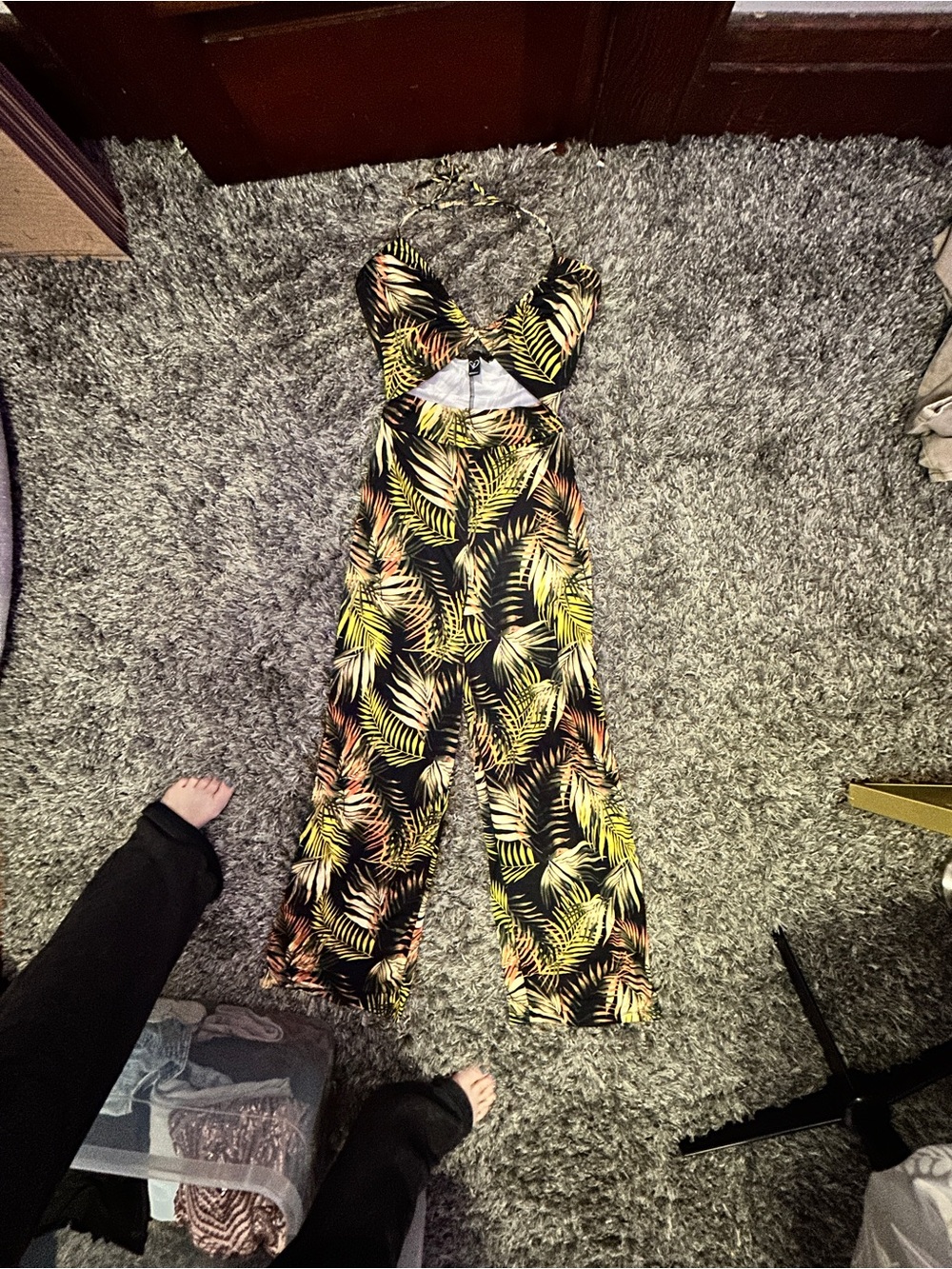 Windsor Black Halter Tropical Leaf Jumpsuit with Yellow Accent